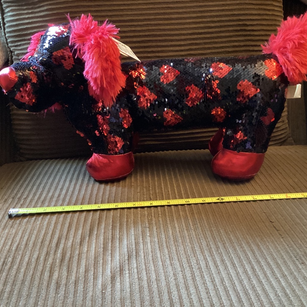 Valentines Black and Red Hearts Sequin DACHSHUND Reverse Plush Dog Weiner Retro